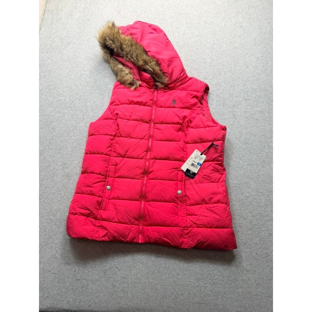 US Polo Assn Womens Puffer Vest Pink Faux Fur Trim Hooded Quilted XL NEW